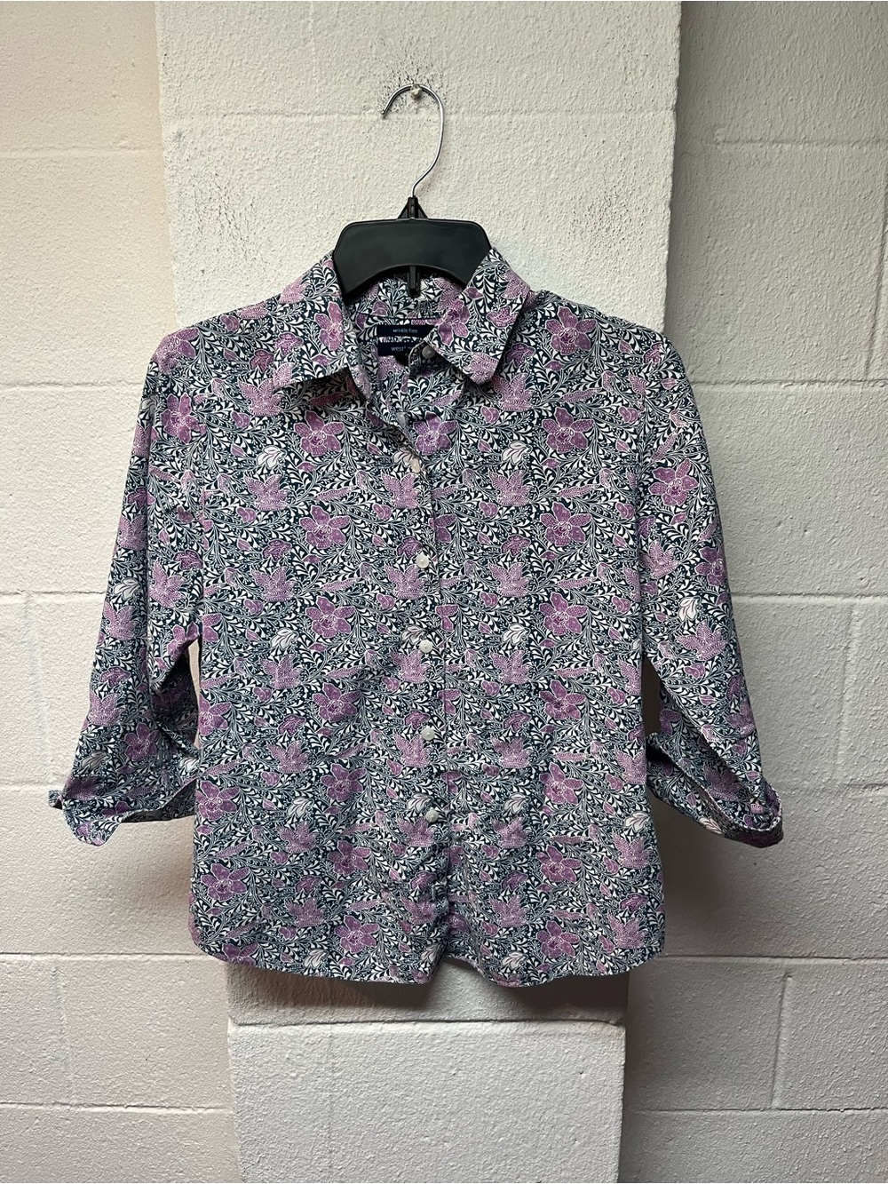 Westbound Purple Floral Collared Blouse on Navy Print